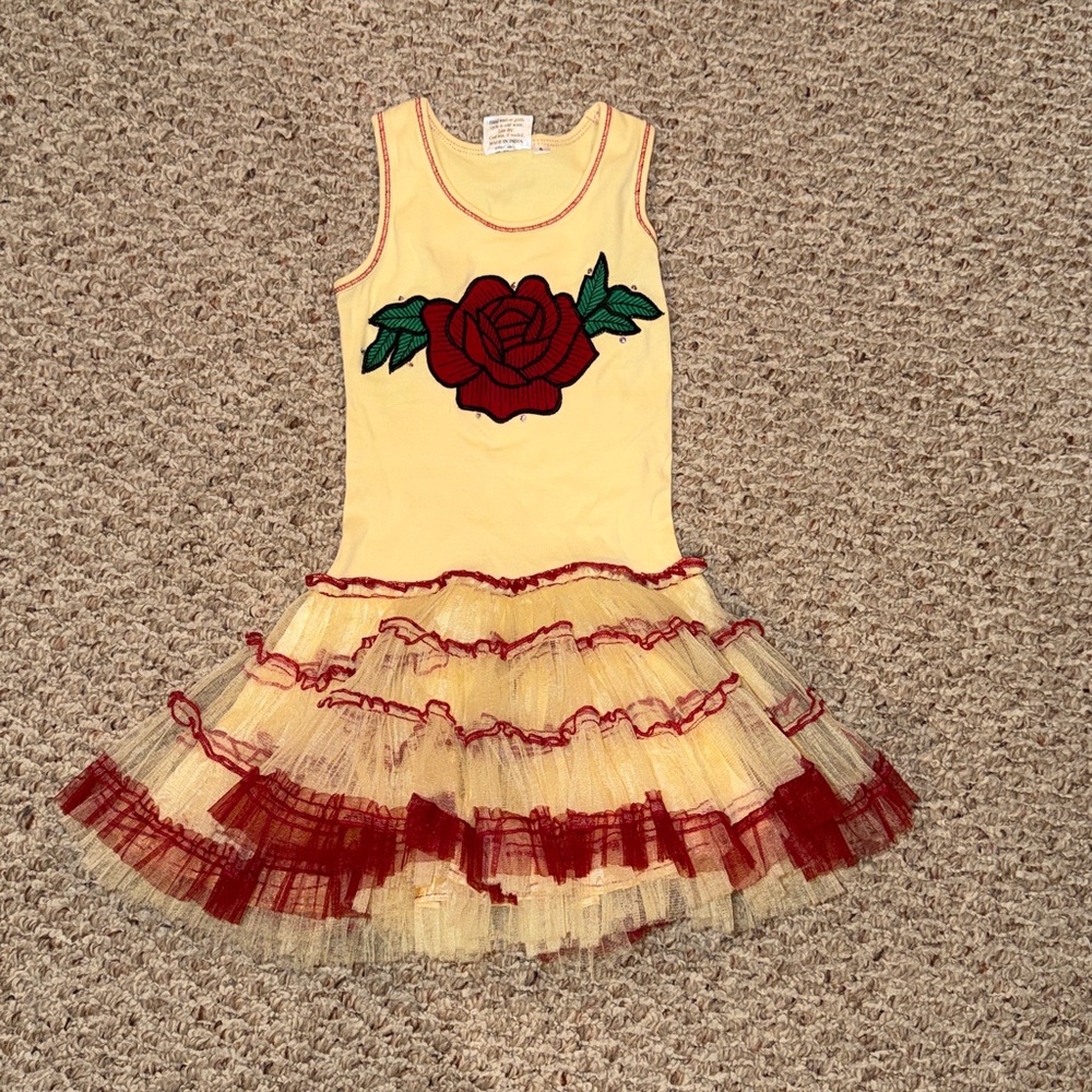 Ooh! La, La! Couture girls Yellow “Belle” Dress with Red Rose and tulle - size 4